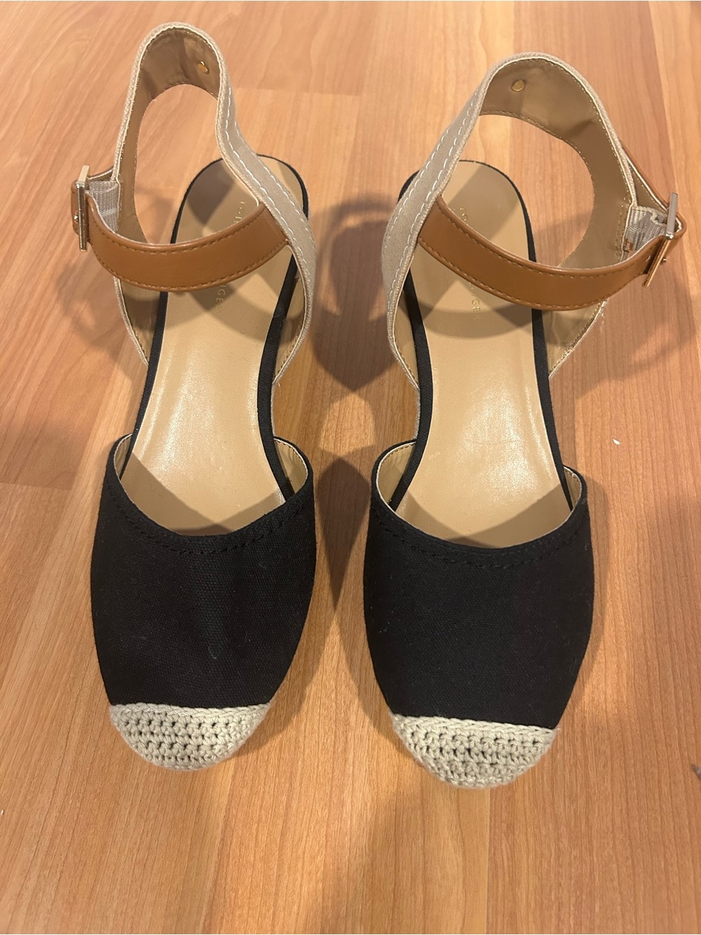 Tommy Hilfiger Black Canvas Espadrille Wedge Sandals with Tan Ankle Strap